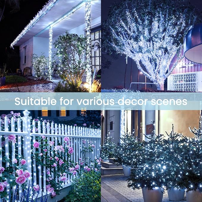 Solar Fairy Lights, 4 Pack Total 400LED 144FT Waterproof String Lights | Cool White, Silver Wire, 8 Lighting Modes Solar Twinkle Lights for Tree Garden Patio Party Outdoor Christmas Decorations
