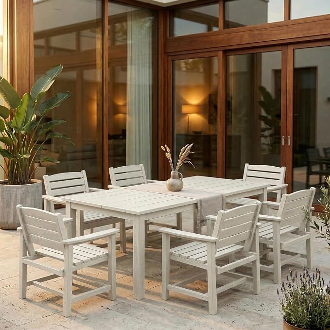 Kingdura 7 Piece Patio Dining Set for 6, 75.2'' HDPE Outdoor Dining Table Set with 2" Umbrella Hole, Weather-Resistant Outdoor Furniture, Table and Chairs Set for Backyard Pool Garden, White