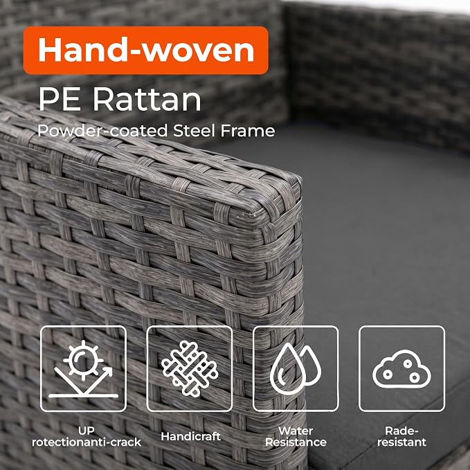 4 Pieces Outdoor Patio Furniture Set, Wicker Patio Conversation Set with Tea Table, All-Weather Outside Rattan Sectional Sofa for Backyard, Poolside, Garden, Balcony, Gray/Dark Gray