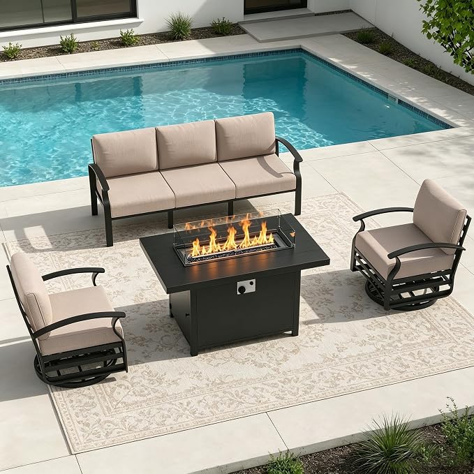 Aluminum Outdoor Patio Furniture Set,4 Pieces 5 Seats Patio Conversation Sets with 45" Propane Fire Pit Table,Metal Patio Sectional Furniture Set with 2 Swivel Rocking Chairs,Sand