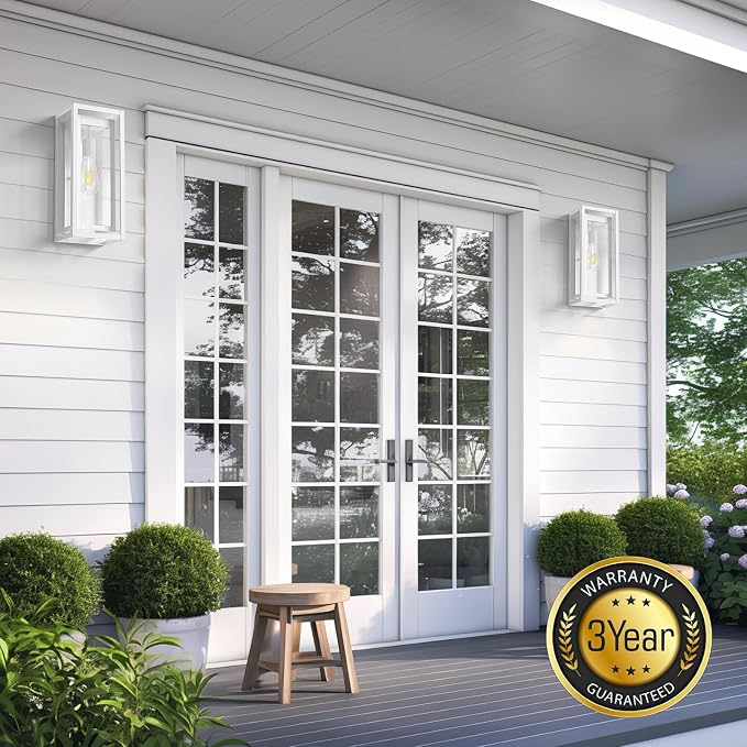 15" Large Outdoor Wall Lights, 2 Pack White Outdoor Light Fixtures, Modern Waterproof Exterior Lighting Sconces with Clear Glass Shade for Front Door, Porch, Garage