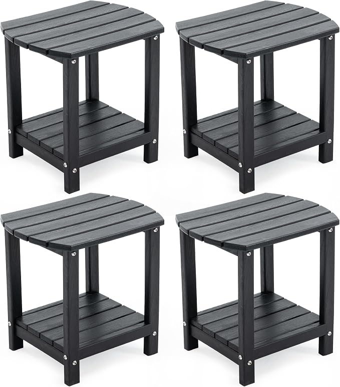 Adirondack Small Outdoor Side Table - Weatherproof HDPE Patio End Table with 2-Tier Storage for Firepit, Balcony, Garden, Poolside or Bathroom (Dark Black, Set of 4)