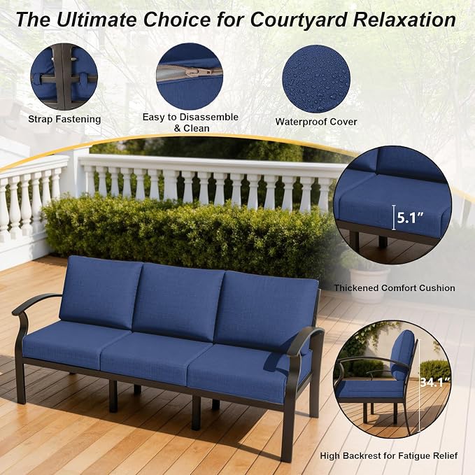 Gotland Aluminum Patio Furniture Set, Metal Outdoor Furniture with 2 Ottomans 5.1’’ High-Resilience Seat Cushions, 5 Piece Patio Set, Oversized Outdoor Sectional Patio Conversation Sets, Navy
