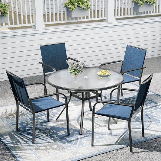 Outdoor Patio Set, 40" Round Glass Dining Table and 4pcs Stackable Chairs, All-Weather Patio Furniture Set with 1.7" Umbrella Hole for Garden Backyard Lawn Poolside