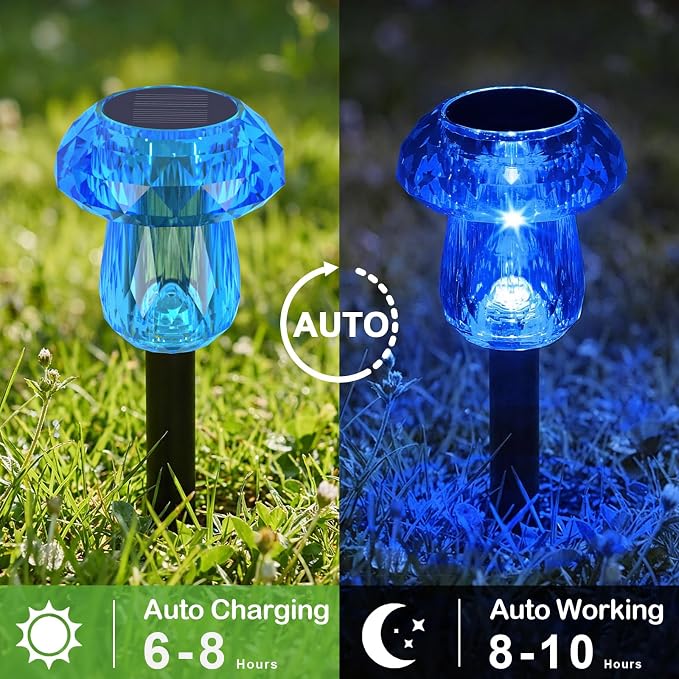 Solar Halloween Lights Outdoor 8 Pack Blue Garden Mushroom Decor | LED Waterproof Halloween Decorations Outdoor for Pathway Yard Outside Driveway Walkway Landscape Path Lighting, Auto On/Off