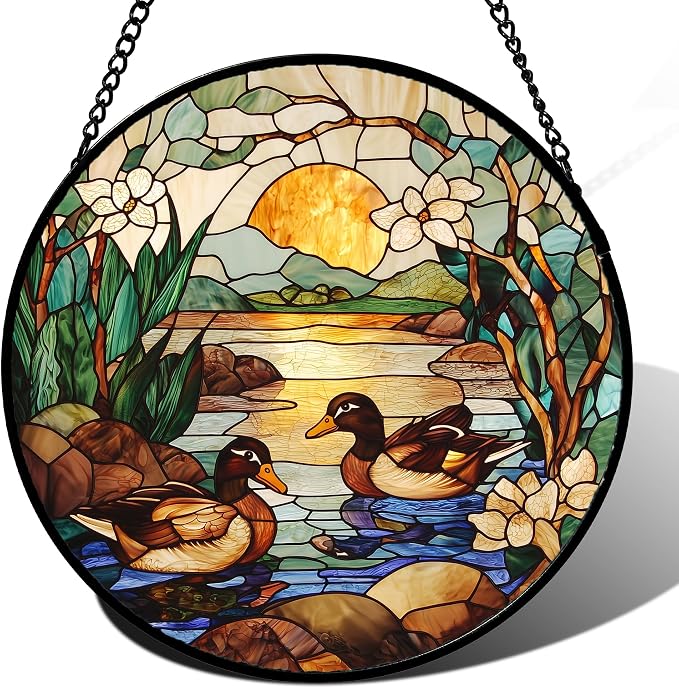 Stained Glass Window Hanging, Ducks in the Pond Sun Catcher for Door Home Decor Landscape Plant Suncatcher Christmas Mother's Day Birthday Gifts for Women Men Mom Nana 9.8 in