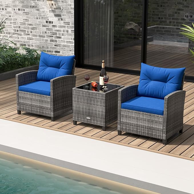 Patio Furniture Set, 3 Pcs Outdoor Wicker Conversation Set with Glass Coffee Table, Patio Chairs w/Washable Cushions, PE Rattan Outdoor Furniture Set for Porch Garden Backyard (Navy)