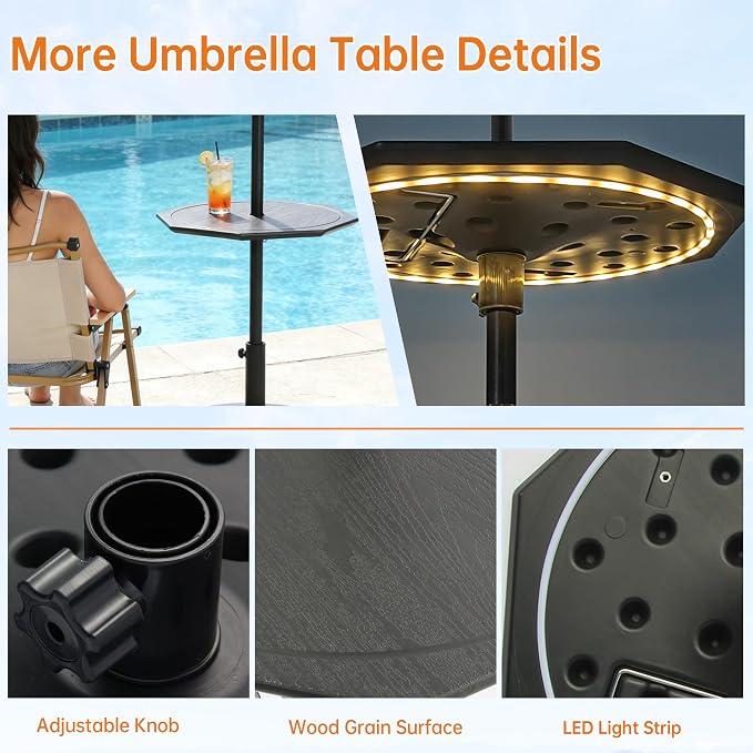 Patio Umbrella Table Tray with LED Light, 23” Outdoor Adjustable Portable Umbrella Table with Hole, All Weather PE Umbrella Tray for Beach, Poolside, Backyard, Garden, Classic Black