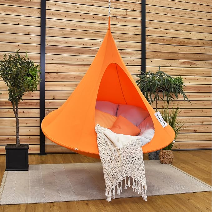 Single Cacoon Hanging Chair – Cozy Indoor/Outdoor Hammock with Polyester Canvas, 440 lb Capacity, Includes 18ft Rope & Carabiner (Nectarine)