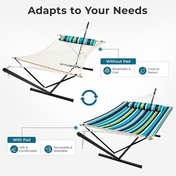 SUPERJARE 12ft Double Hammock with Stand, Rope Hammock for 2 Person, Detachable Hammock Bed and Pillow, Portable, Anti-Tip Safety Ropes, Carry Bag, Outdoor Backyard Patio Camping, Dark Cyan
