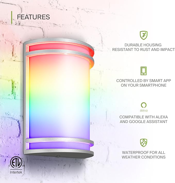 ASD 10 Inch Smart RGBW LED Outdoor Sconce Lights - 15W 120-277V 2700K-6500K Nickel Exterior Lighting Fixtures, Dimmable Exterior Lights for House, Remote Control Alexa Patio Wall Light Fixture ETL