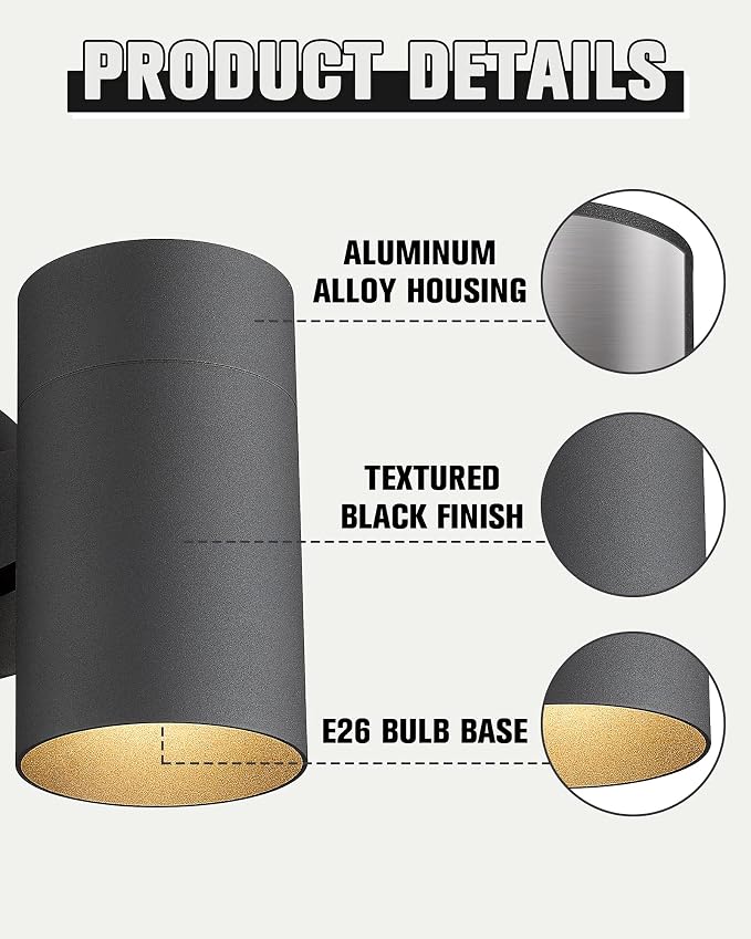Ken & Ricky Modern Outdoor Wall Sconce Lights,Cylinder，Black ，4 Pack | No Glare Aluminum Exterior Lighting Fixtures,Downward Outside Wall Light,E26,For House Front Porch Garage Patio Entryway