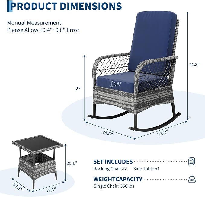 GarveeLife 3 Piece Outdoor Wicker Rocking Chair Set, Hollow Rattan Rocker Chairs with Side Table, Gray Gradient Wicker with Blue Cushions for Patio, Porch, Backyard