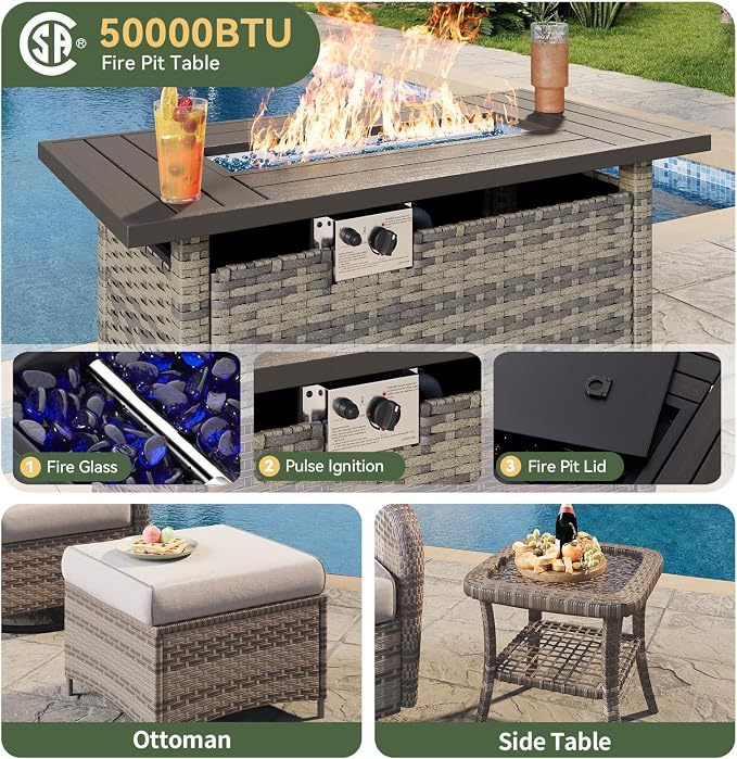 Aoxun 10-Piece Patio Furniture Set with 44” Fire Pit Table, Wicker Rattan Outdoor Sectional Sofa with High Back Swivel Rocker Chairs, Outdoor Patio Furniture Set with Thick Cushions & Ottoman, Grey