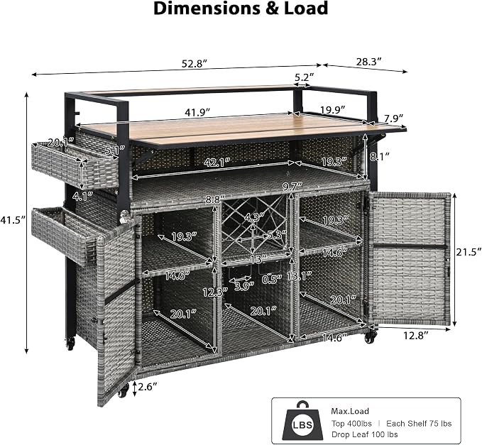 Merax Outdoor Bar Table & Storage Cabinet, Wheels and Drop Leaf Table Top, Patio Bar Table with Raised Shelf for Patio Kitchen or Bar Cart, Grey