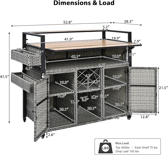 RUNNA Wicker Outdoor Grill Cart with Extended Plastic Wood Table Top, Rolling Kitchen Island on Wheels with Storage Cabinet, for Patio Backyard Garden Poolside, Double Handle Design (Grey@047)