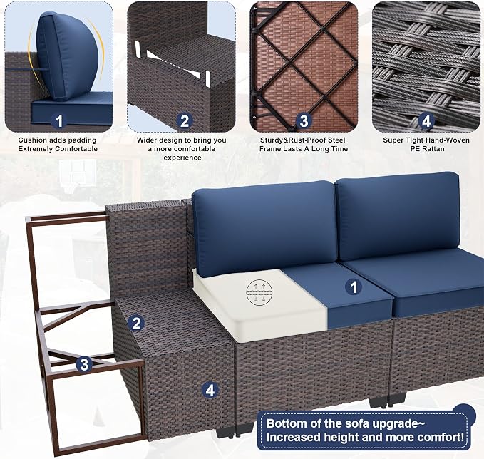 Kurapika 10 Pieces Patio Furniture Set, Rattan Wicker Outdoor Conversation Sets w/43in Propane Fire Pit Table and 4 Inch Cushion(Navy Blue)
