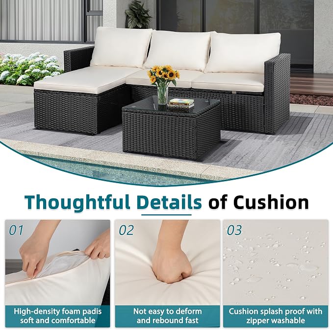SUNLEI 3 Piece Patio Furniture Set, Outdoor PE Rattan Sectional Sofa Set with Ottoman, Detachable Cushions and Glass Coffee Table, Patio Conversation Set for Backyard Balcony Porch, Black/White