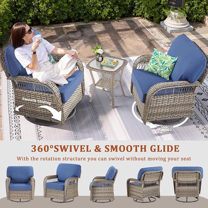 3 PCS Patio Swivel Rocking Chairs Set, Outdoor Wicker Furniture with 5-Inch Thick Olefin Cushions & Rattan Side Table, 360° Swivel Rocker Chairs for Garden, Porch, Backyard, Blue/Gray Wicker