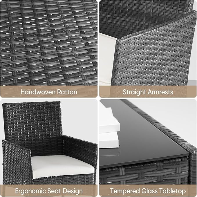 DUMOS 4 Piece Patio Furniture Set, All-Weather Outdoor Wicker Conversation Set with Removable Cushions & Tempered Glass Coffee Table, for Porch, Balcony, Lawn, Backyard, Black
