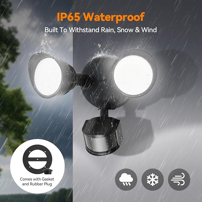 45W 5500LM PIR Motion Sensor Outdoor Lights, Dual Head LED Flood Light, 5000K Daylight, IP65 Waterproof Hardwired Dusk to Dawn Motion Detector Security Light for Outside Garage Yard (Black)