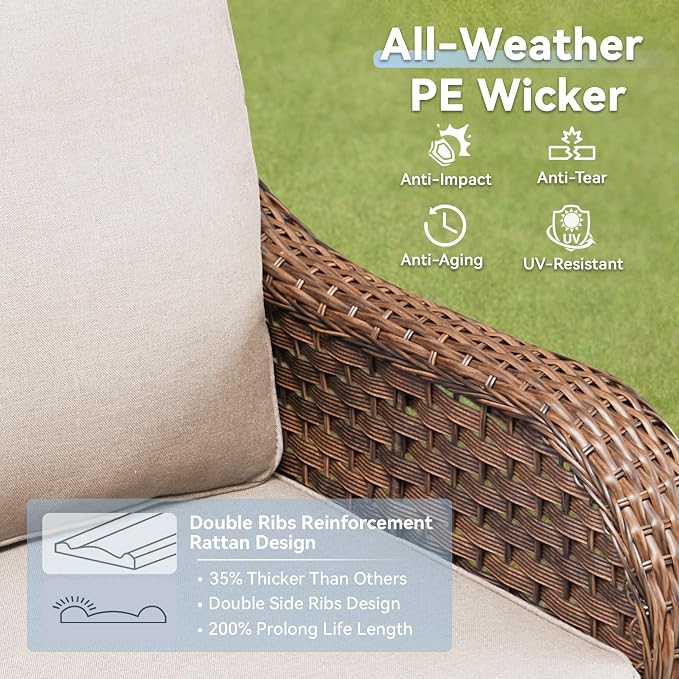 5 PCS Patio Furniture Set, Outdoor Wicker Loveseat & 2 Swivel Rocking Chairs with 2 Ottomans, 4-Inch Thick Olefin Cushions, 300 lbs Capacity Rattan Conversation Set for Porch, Backyard, Beige