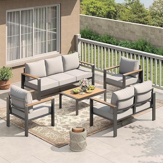 Garvee Aluminum Patio Furniture Set 7 Seats, Generous Outdoor Sectional with Washable Thick Cushions and Coffee Table, Patio Conversation Sets for Porch, Balcony, Deck, Yard