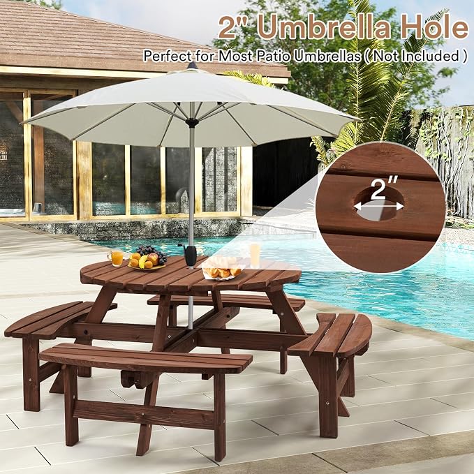 Zevemomo Wood Picnic Table for 8 People, Round Top with Umbrella Hole, 4 Built-in Curved Benches, 2220LBS Capacity for Patios & Backyards, Brown
