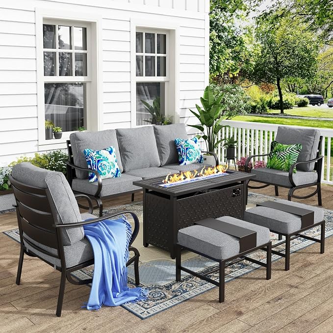 MFSTUDIO 6 Pieces Patio Furniture Sets with 45" Gas Fire Pit Table(Up to 7 Seat), Outdoor Metal Frame Patio Conversation Sofas with 1 x 3-Seat Sofa, 2 Sofa Chairs and 2 Ottoman, Grey Cushion