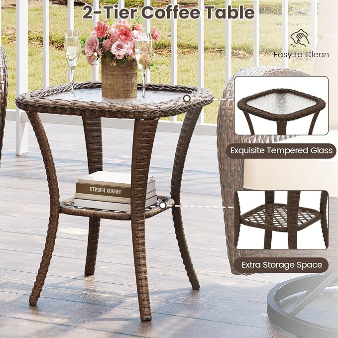 ORALNER 3 Pieces Wicker 360° Swivel Rocker Set Patio Furniture, Rocking Chairs with Cushions, Tempered Glass Coffee Table, Outdoor Rattan Bistro Set for Balcony Front Porch Deck Poolside (White)