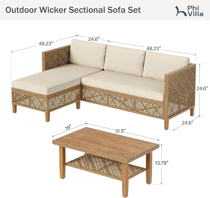 PHI VILLA Outdoor Sectional Couch, Wicker Patio Furniture Set with Acacia Wood Coffee Table, L-Shape Small Outdoor Conversation Corner Sofa Set for Deck Porch, Beige
