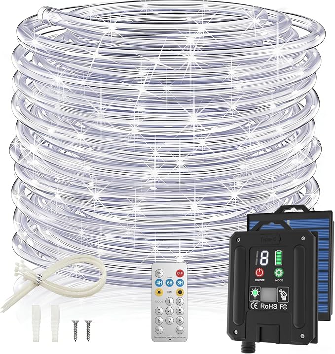 Solar Rope Lights, 66FT 200LED 1800mAh Outdoor IP67 String Lights (White) | Type C & Solar, With Remote, Waterproof, Timing, 8 Modes, for Garden Tree Pathway Yard Pool RV Christmas Decor