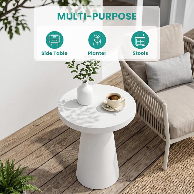 SUNBURY Side Table Outdoor Large, 22"H Concrete End Table w Conical Pedestal, Lightweight Round Accent Table, Decorative Modern Coffee Table, Garden Stool for Patio, Porch, Living Room, Spotted White