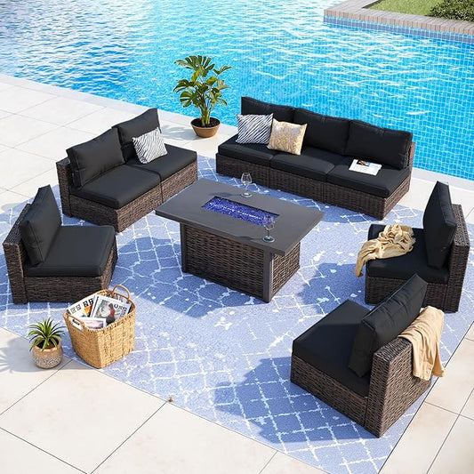 9 Piece Patio Furniture Set with 42" Fire Pit Table, Outdoor Wicker Rattan Sectional Sofa Set, Patio Conversation Set with Thickened Cushions, Black