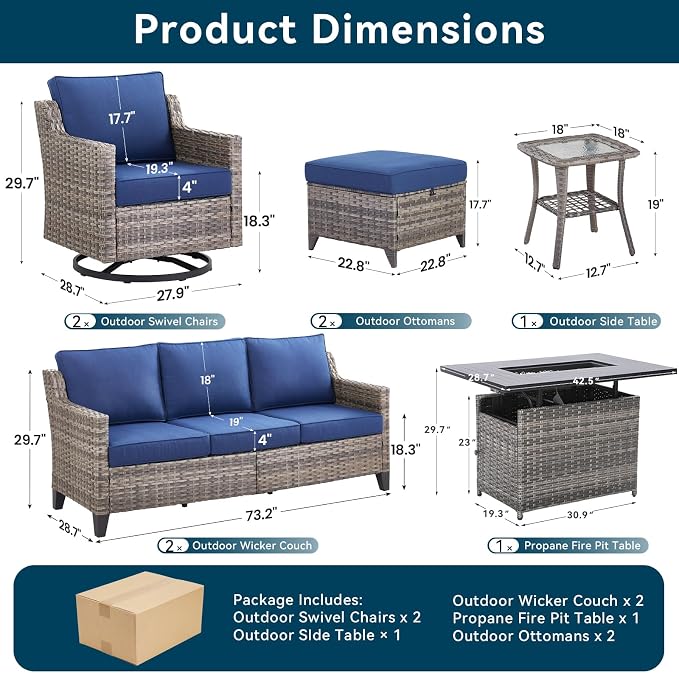 8 Pieces Patio Furniture Set with 42.5" Fire Pit Table-All Weather Wicker Outdoor Furniture with High Back Wicker Patio Chairs Set of 2 Outdoor Couch for Deck Garden Gray/Blue