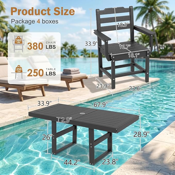 7 Piece Outdoor Dining Set All Weather HDPE Patio Table and Chairs Set for 6 with Umbrella Hole Outdoor Furniture for Deck, Backyard, Garden (Black)