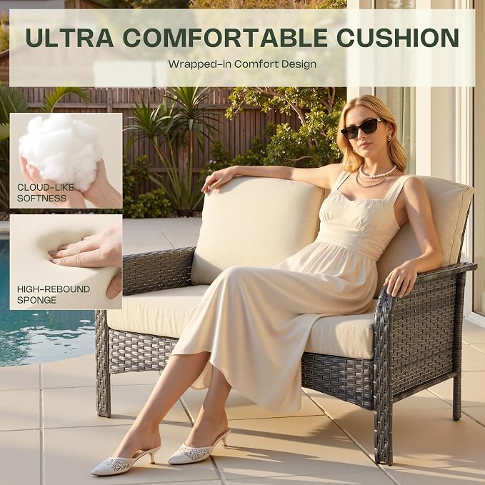 6-Piece Patio Furniture Set, Outdoor Wicker Furniture with Coffee Table, All Weather High Back Loveseat Patio Chairs, Modern Rattan Outdoor Chairs Conversation Set for Porch, Balcony, Garden,Beige