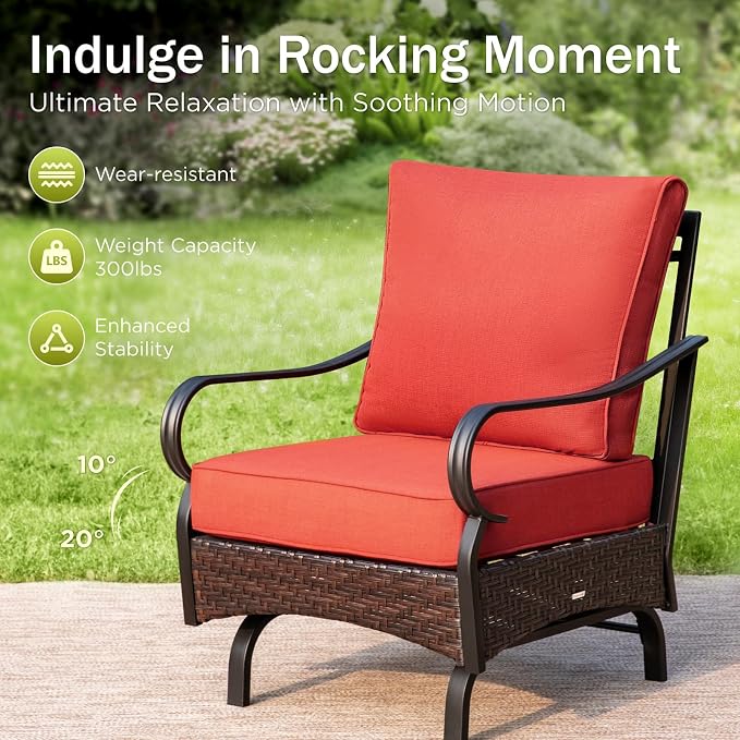 PHI VILLA Patio Furniture Set, Upgraded Wicker & Metal Modern Outdoor Conversation Sets Patio Sectional Rocking Chair Set with Coffee Table & Waterproof Thick Cushions for Porch, Deck(6 Pieces, Red)