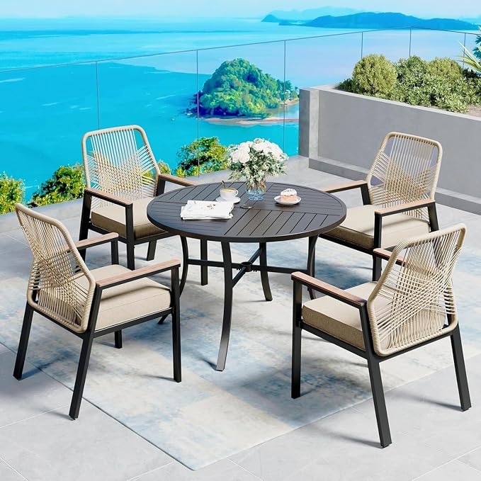 SUNSHINE VALLEY 42" Round Patio Table for 4, Patio Dining Table with Umbrella Hole,E-Coating and Powder Coating Steel Frame Metal Outdoor Patio Table for Garden Backyard Lawn Yard