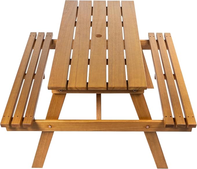 JONATHAN Y Shoreham 55" Eucalyptus Wood Outdoor Picnic Table with Benches for Patio, Rectangular Dining Set with 2" Umbrella Hole, Heavy Duty 700 lbs Capacity, Teak Brown BNH200A-NEW