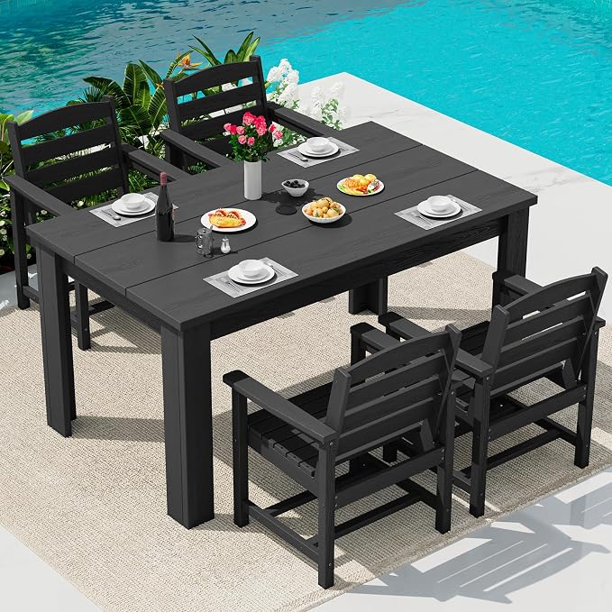 SERWALL 59" HDPE Outdoor Dining Set for 4, w/ 1 Table & 4 Armchairs, Black | All Weather Resistant HDPE Dining Sets for Patio, Garden, Backyard