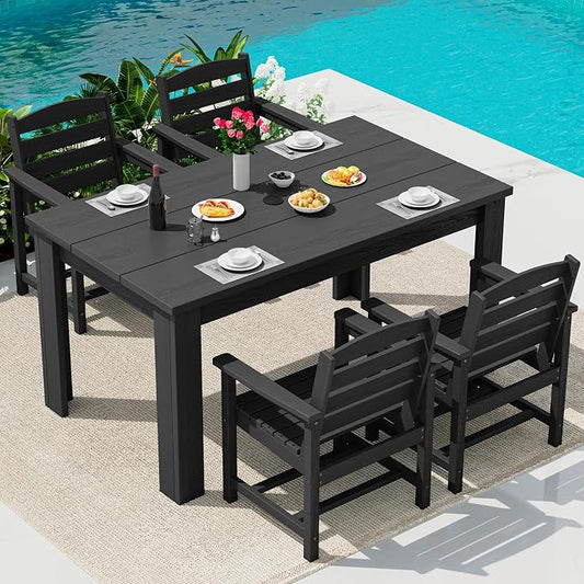 SERWALL 59" HDPE Outdoor Dining Set for 4, w/ 1 Table & 4 Armchairs, Black | All Weather Resistant HDPE Dining Sets for Patio, Garden, Backyard