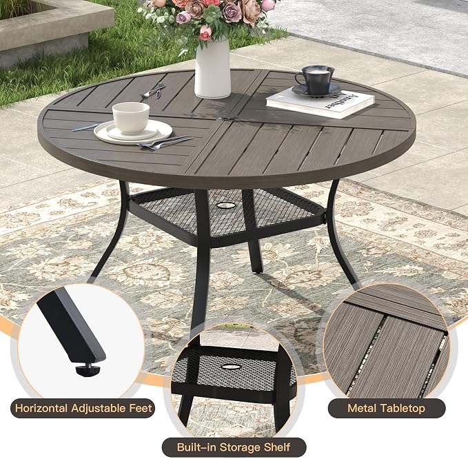 40.6" Outdoor Dining Table with Adjustable Umbrella Hole, Metal Slatted Round Patio Dining Table for Backyard Garden Deck, Antique Grey