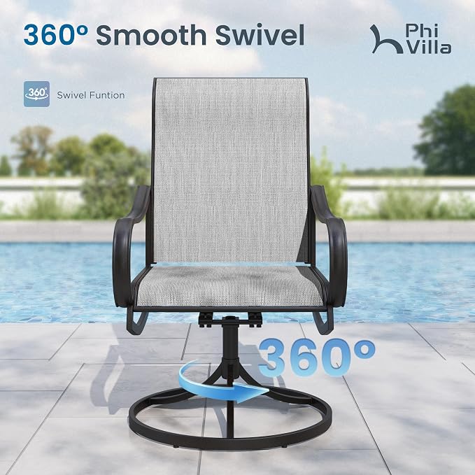 PHI VILLA Patio Dining Set with 13ft Umbrella for 6, Swivel Mesh Chairs | 59'' metal rectangular table, 6 grey outdoor textilene chairs and 13ft navy blue umbrella(NO BASE) for deck, garden, backyard