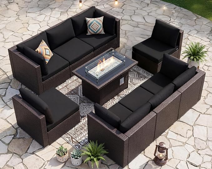 NICESOUL Large Size Patio Furniture Set with Fire Pit Natural Gas/Propane, 29.3'' High Backrest Luxurious Outdoor Modular Sofa Set, 9 Piece Heavy Duty Conversations, Brown Rattan and Black Cushion