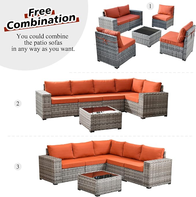 HOOOWOOO Outdoor Patio Sectional Furniture Sofa Set with Widened Armrest,6 Piece Small Modern Wicker Couch,Modular L Shaped Conversation Seating Set with Table for Out Door Garden Corner(Orange Red)