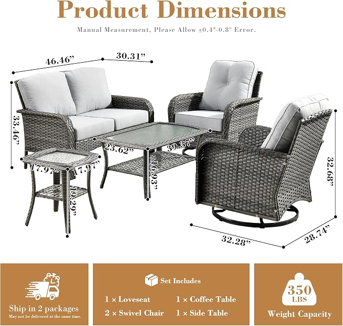 5 Pieces Patio Furniture Set, All Weather Rattan Patio Conversation Sets with Swivel Rocking Chairs, Coffee Table, High Back Outdoor Furniture Loveseat for Porch, Backyard,Grey