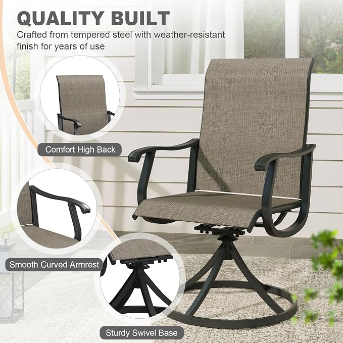 VICLLAX Patio 3 Pieces Outdoor Bistro Side Table Dining Set, Small Patio End Table Round Coffee Table and 2 Swivel Textilene Chairs for Lawn,Garden,Porch,Black/Brown