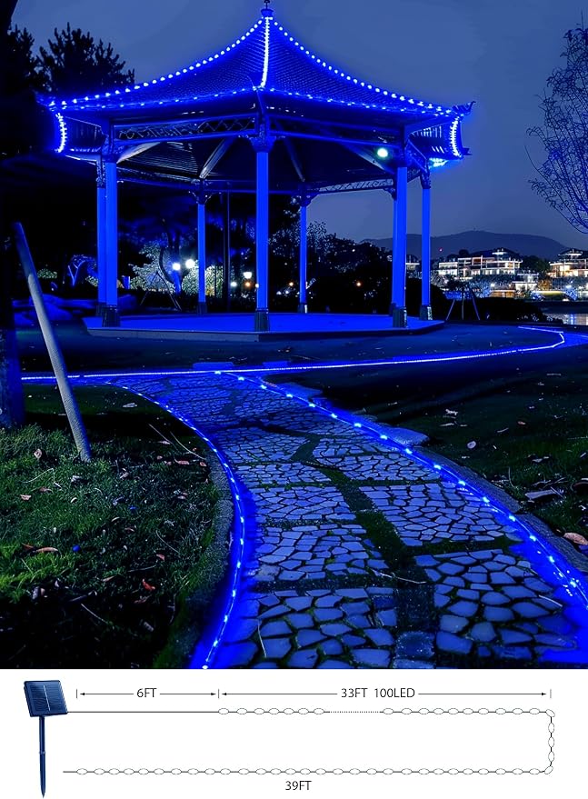 Brightown 39FT 100LED Solar Rope Lights Outdoor Waterproof, Blue | IP65 Solar Powered Fairy Lights with 8 Lighting Modes, Outdoor String Lights for Party Garden Yard Holiday Tree Decoration