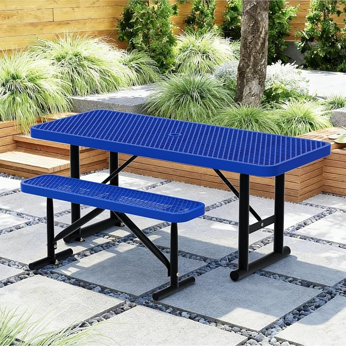 6FT Picnic Tables for Outdoors,Blue Rectangular Heavy Duty Commercial Picnic Table with Umbrella Hole,Weather-Resistant Camping Table Dining Table for Backyard, Patio, Garden, Shops, Parks